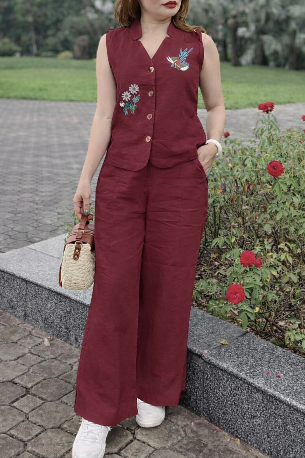 WOMEN EMBROIDERY CROP TOP & TROUSERS CO-ORDER SET