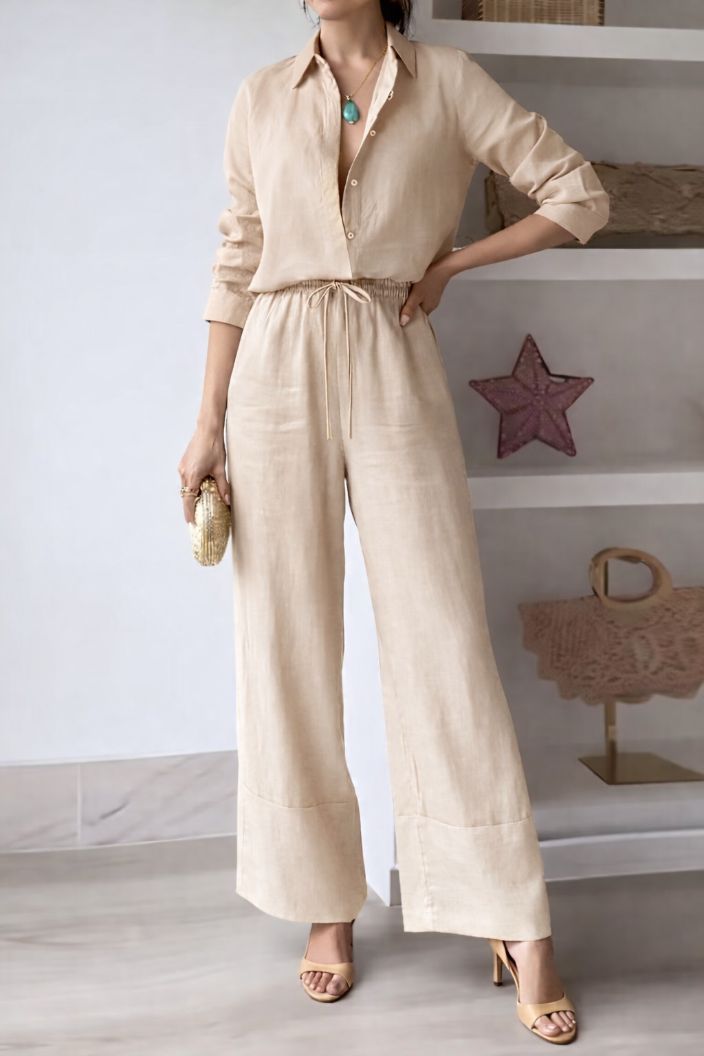 Women'S Long Pants Set, Turn- Collar, Single-Breasted, Long Sleeve, Two-Piece Set