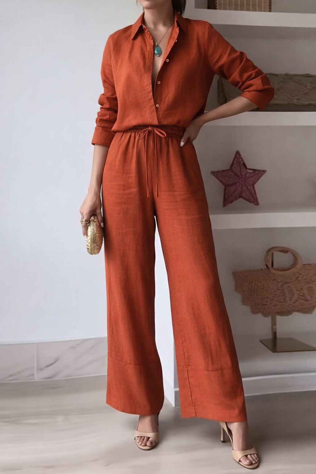 Women'S Long Pants Set, Turn- Collar, Single-Breasted, Long Sleeve, Two-Piece Set