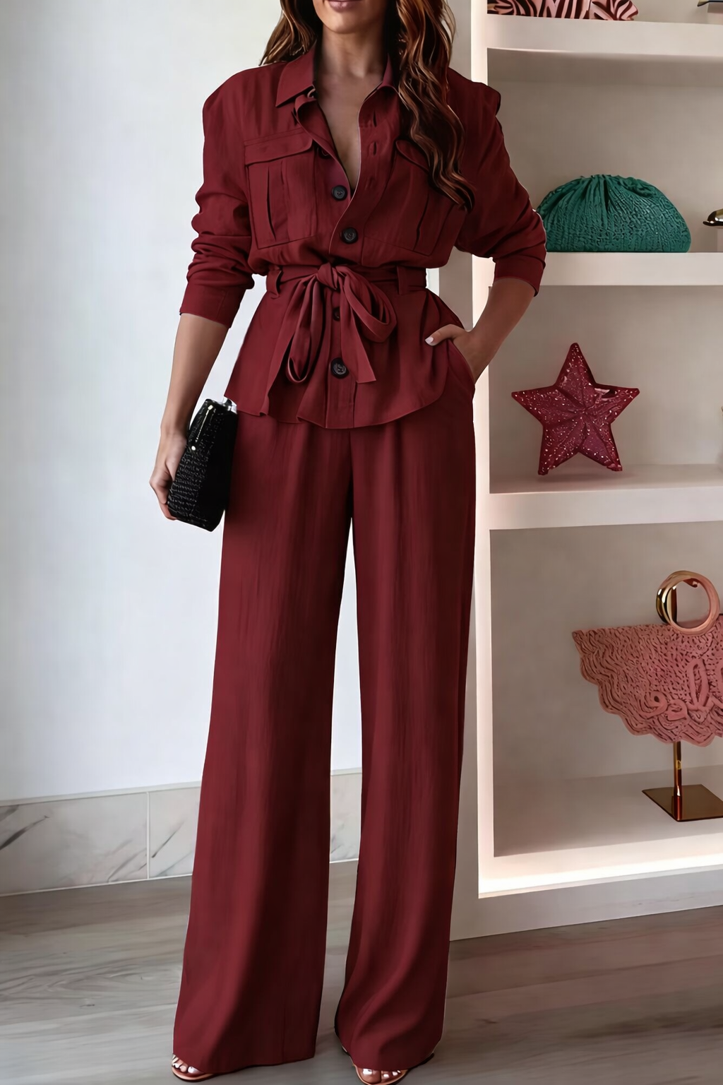 Casual Two-Piece Set Long Sleeve Shirt and Wide-Leg Pants