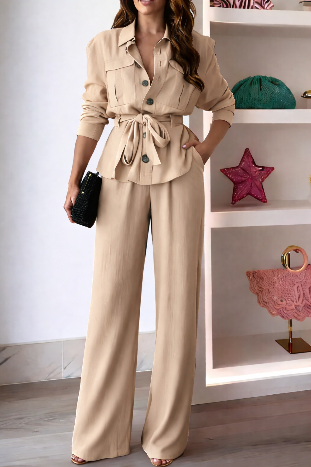 Casual Two-Piece Set Long Sleeve Shirt and Wide-Leg Pants