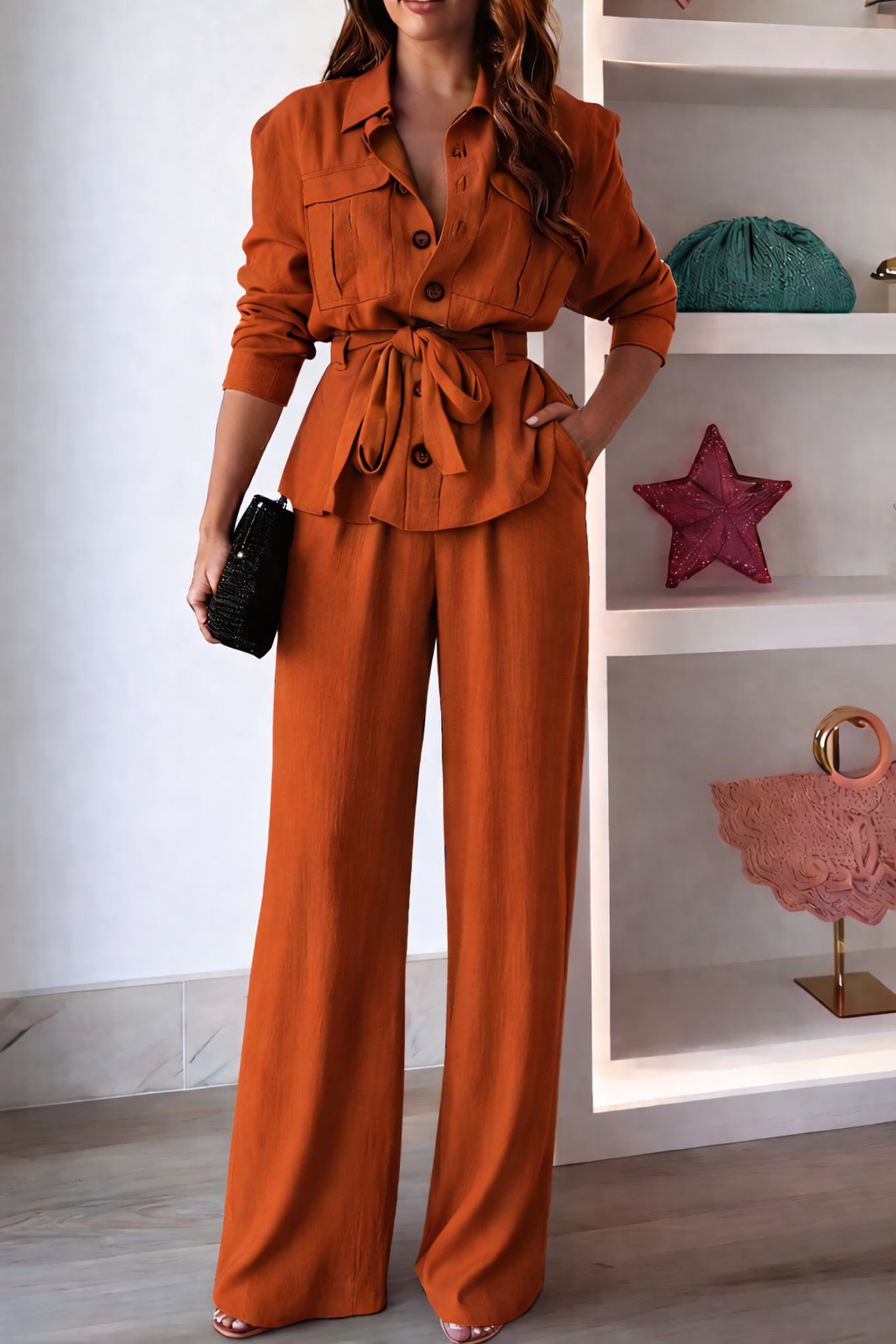 Casual Two-Piece Set Long Sleeve Shirt and Wide-Leg Pants