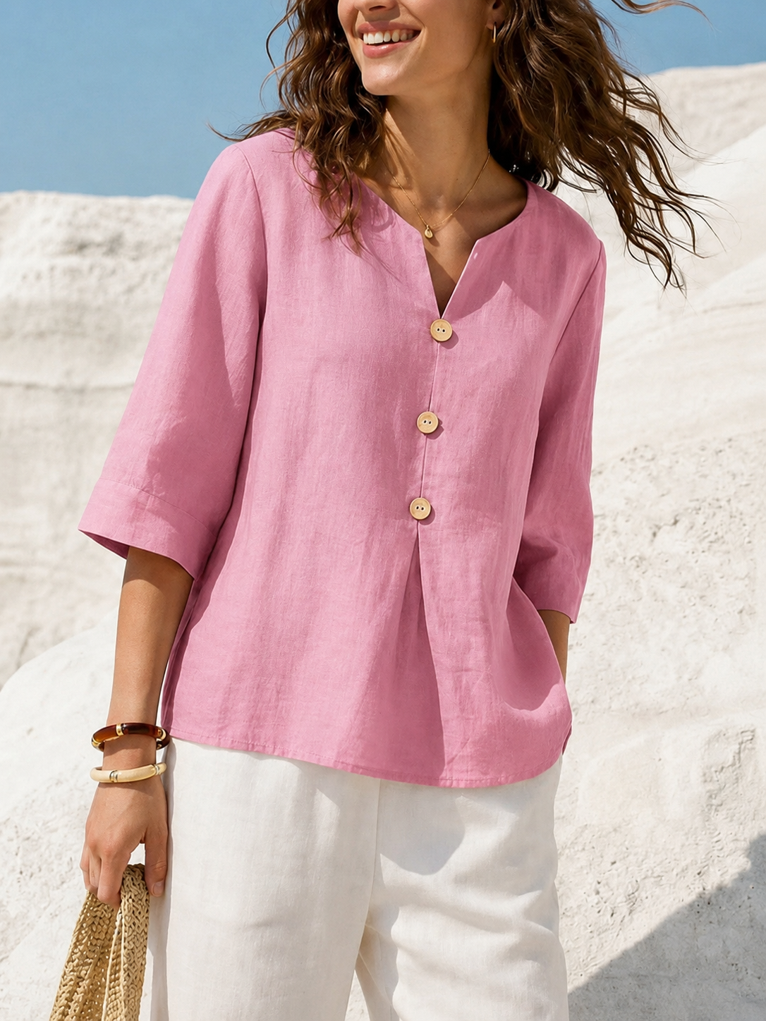 Women Solid Color V-Neck 3/4 Sleeve Cotton Top