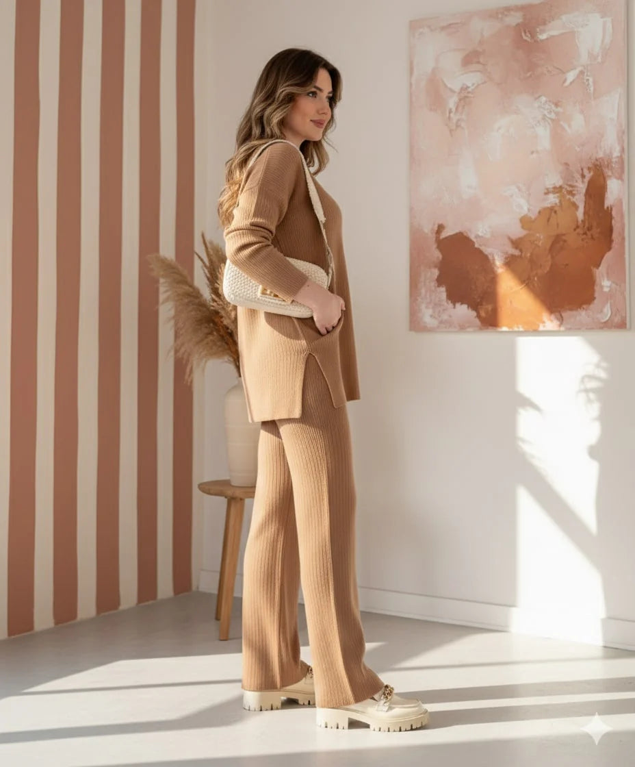 V-Neck Casual Slit Knitted Two-Piece Set