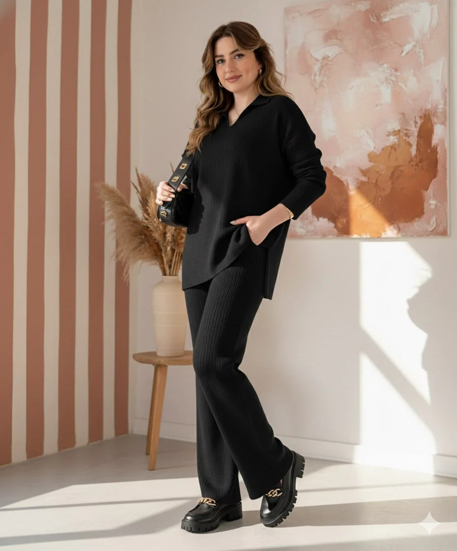 V-Neck Casual Slit Knitted Two-Piece Set