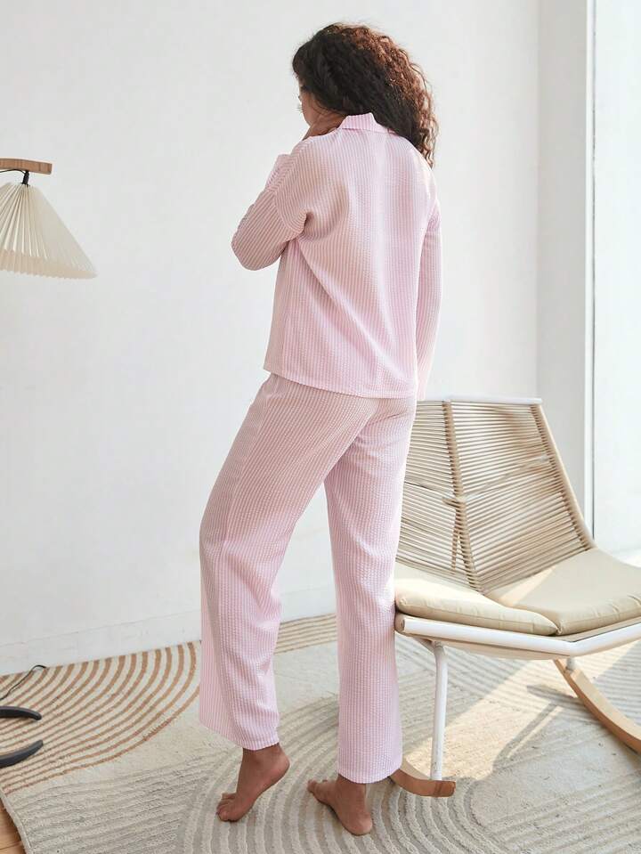 Women Stripe Button-Down Long Pajamas And Elastic Waistband Pants