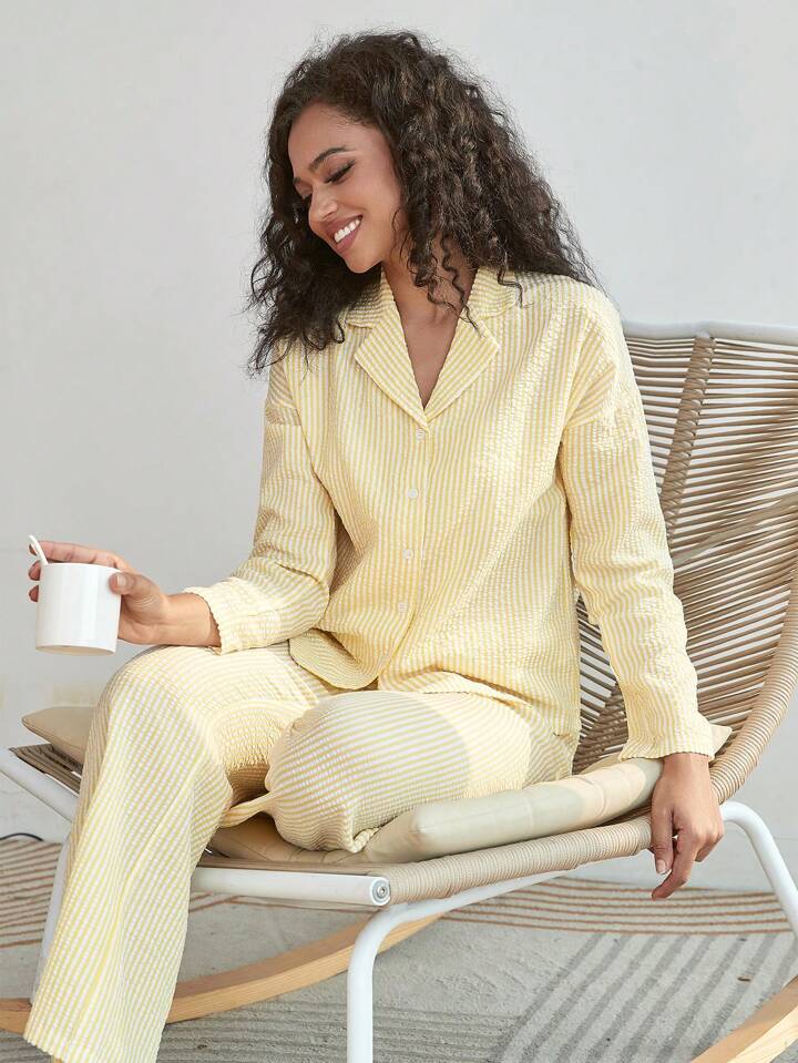 Women Stripe Button-Down Long Pajamas And Elastic Waistband Pants