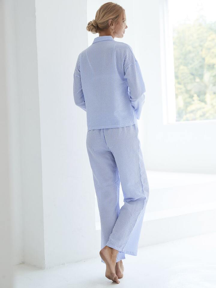 Women Stripe Button-Down Long Pajamas And Elastic Waistband Pants