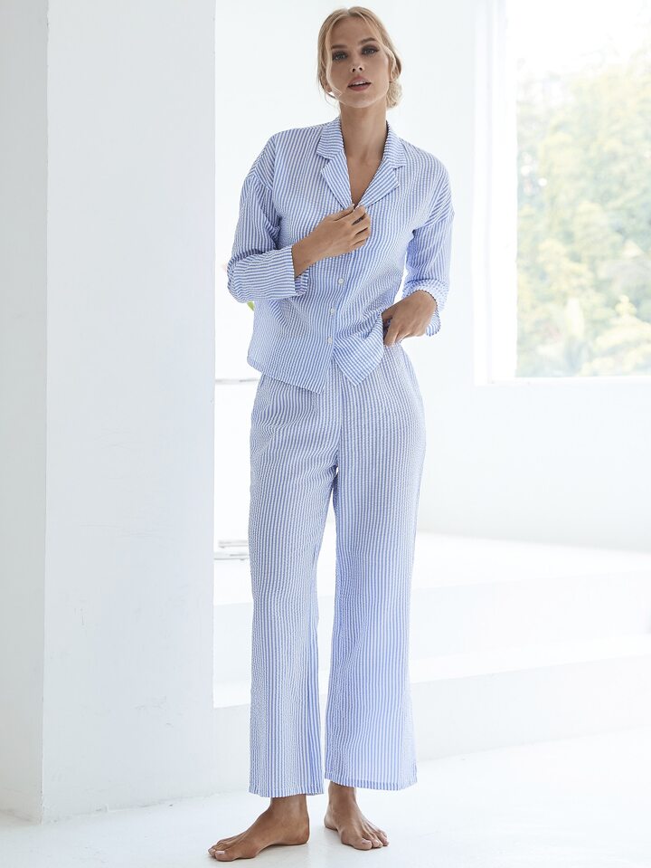 Women Stripe Button-Down Long Pajamas And Elastic Waistband Pants