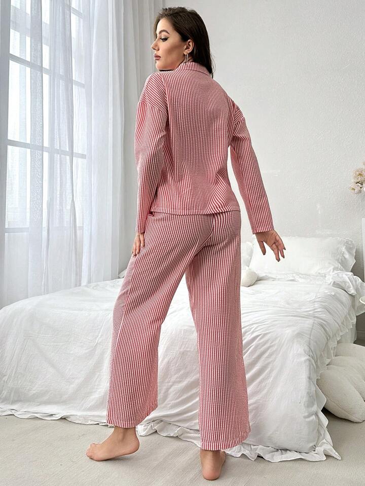 Women Stripe Button-Down Long Pajamas And Elastic Waistband Pants