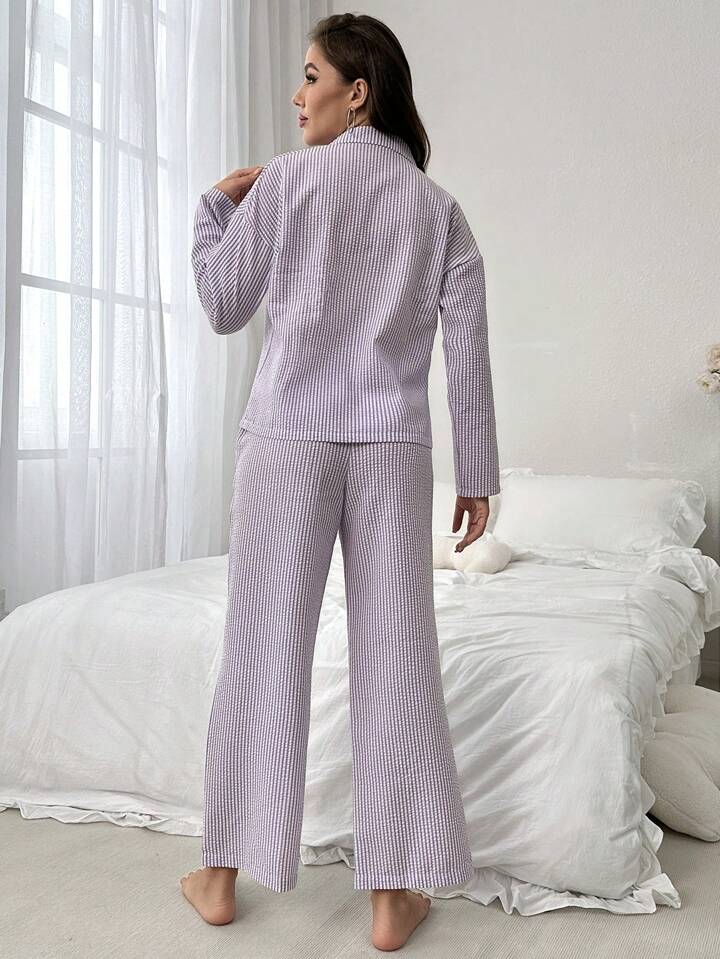 Women Stripe Button-Down Long Pajamas And Elastic Waistband Pants