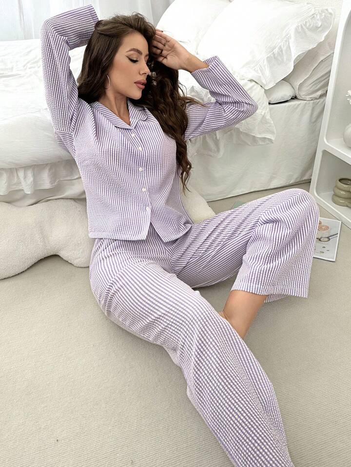 Women Stripe Button-Down Long Pajamas And Elastic Waistband Pants