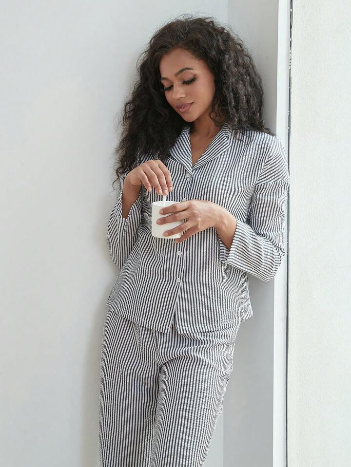 Women Stripe Button-Down Long Pajamas And Elastic Waistband Pants