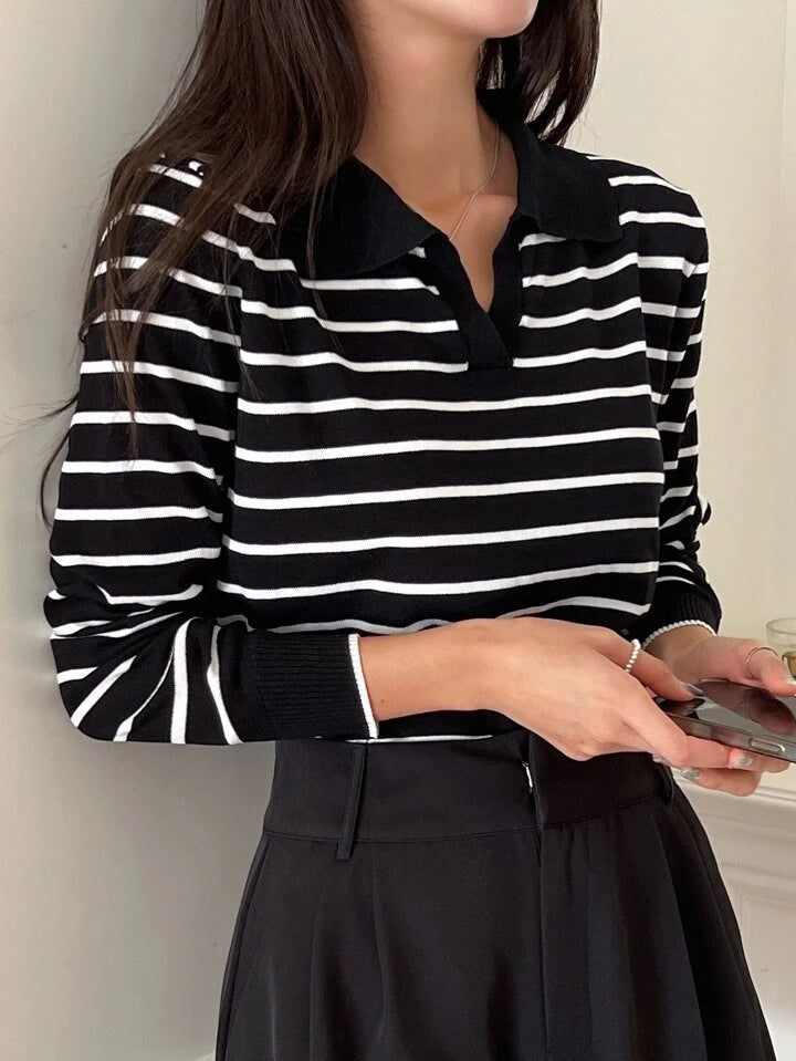 Women Striped Pattern Collared Long Sleeve Tops