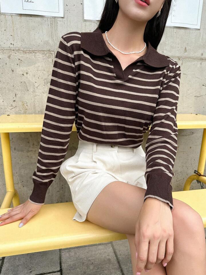 Women Striped Pattern Collared Long Sleeve Tops