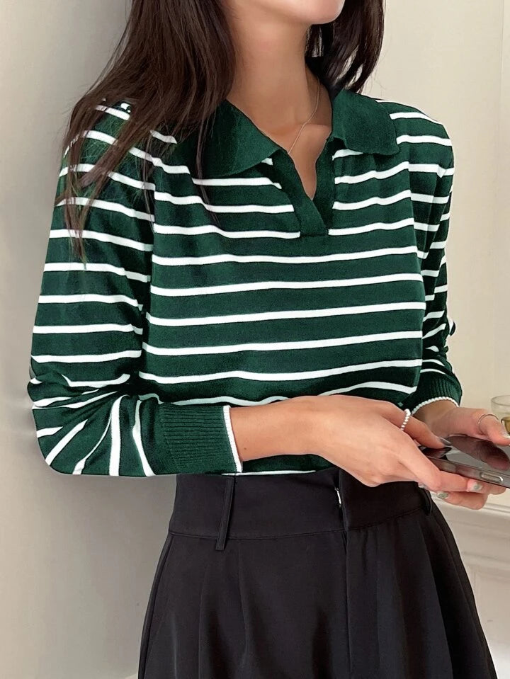 Women Striped Pattern Collared Long Sleeve Tops