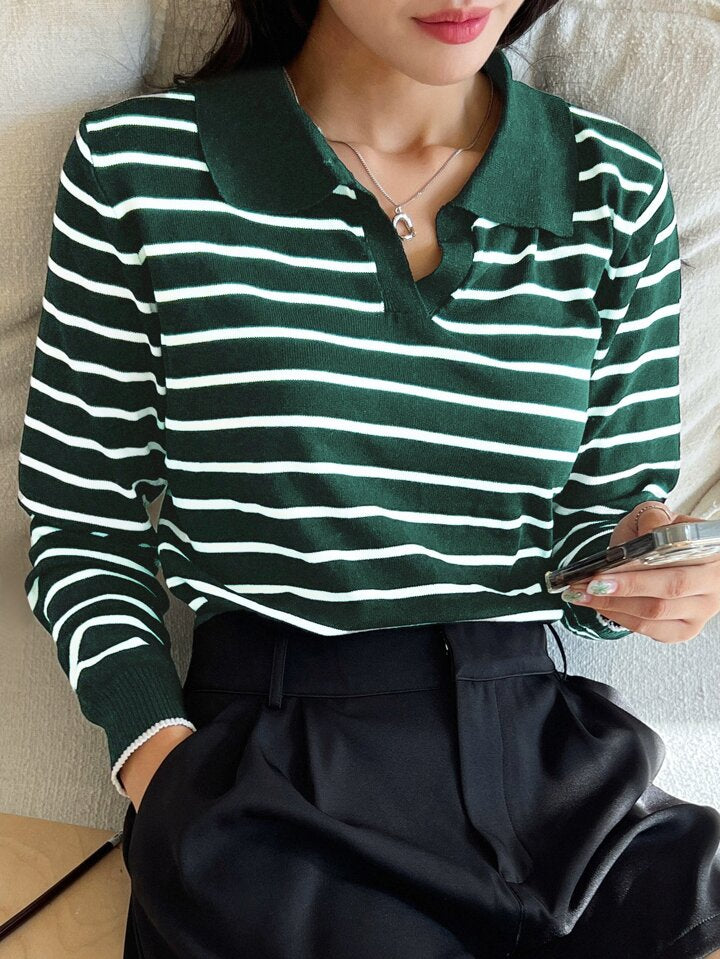 Women Striped Pattern Collared Long Sleeve Tops