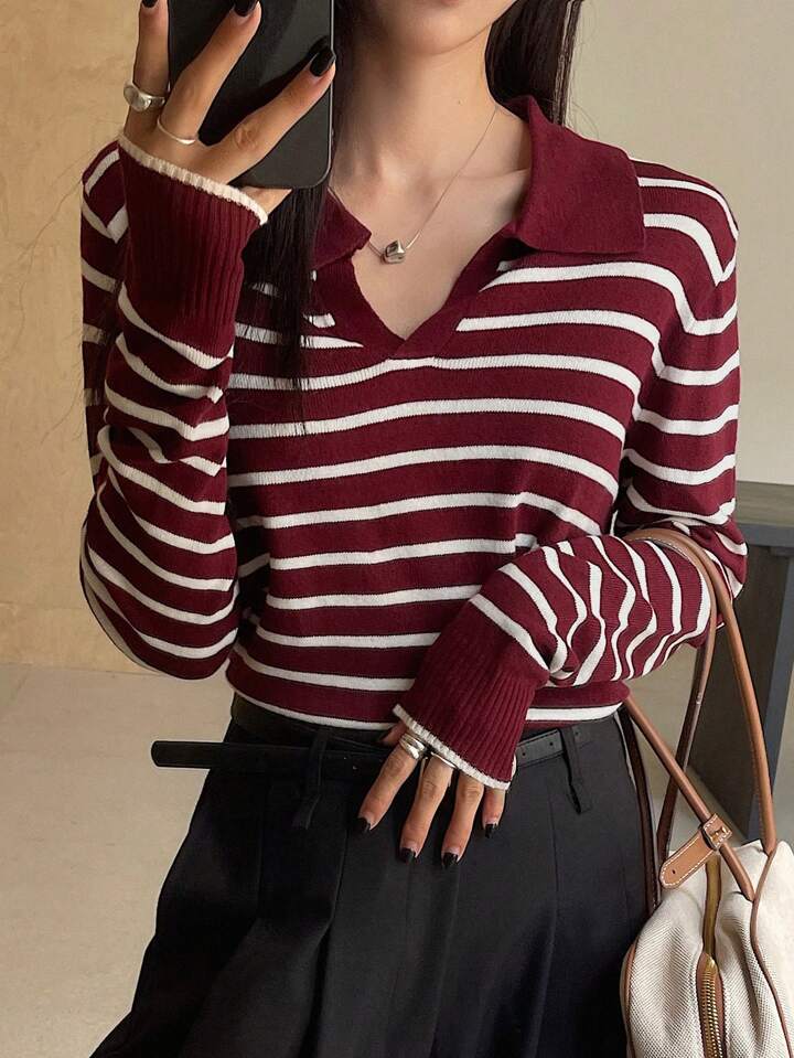 Women Striped Pattern Collared Long Sleeve Tops