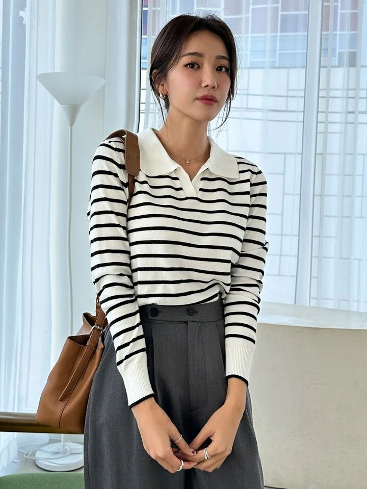 Women Striped Pattern Collared Long Sleeve Tops