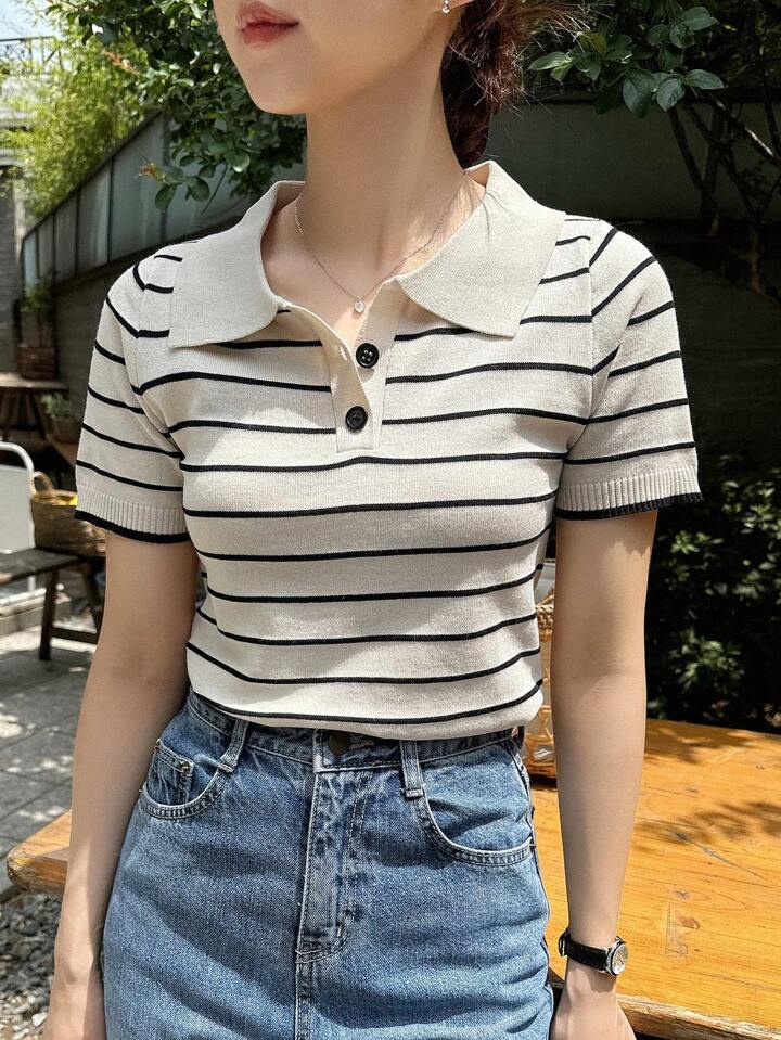 Women Striped Pattern Polo Neck Knit Top