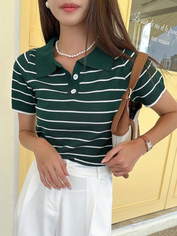 Women Striped Pattern Polo Neck Knit Top