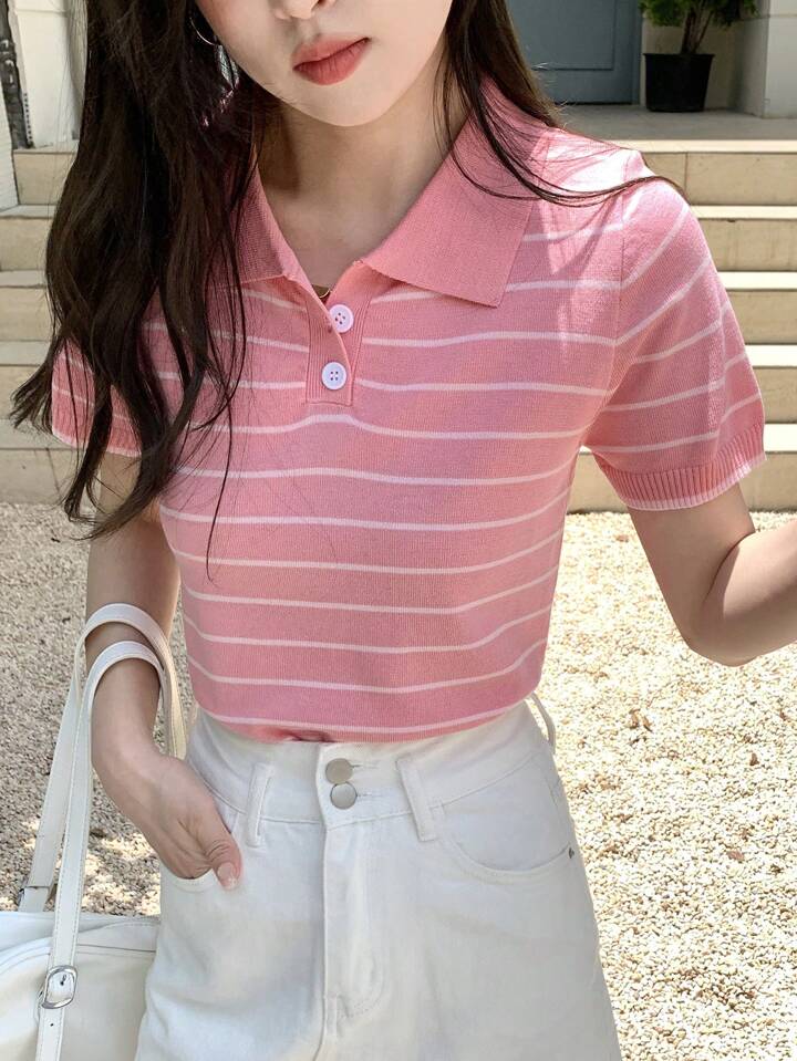 Women Striped Pattern Polo Neck Knit Top