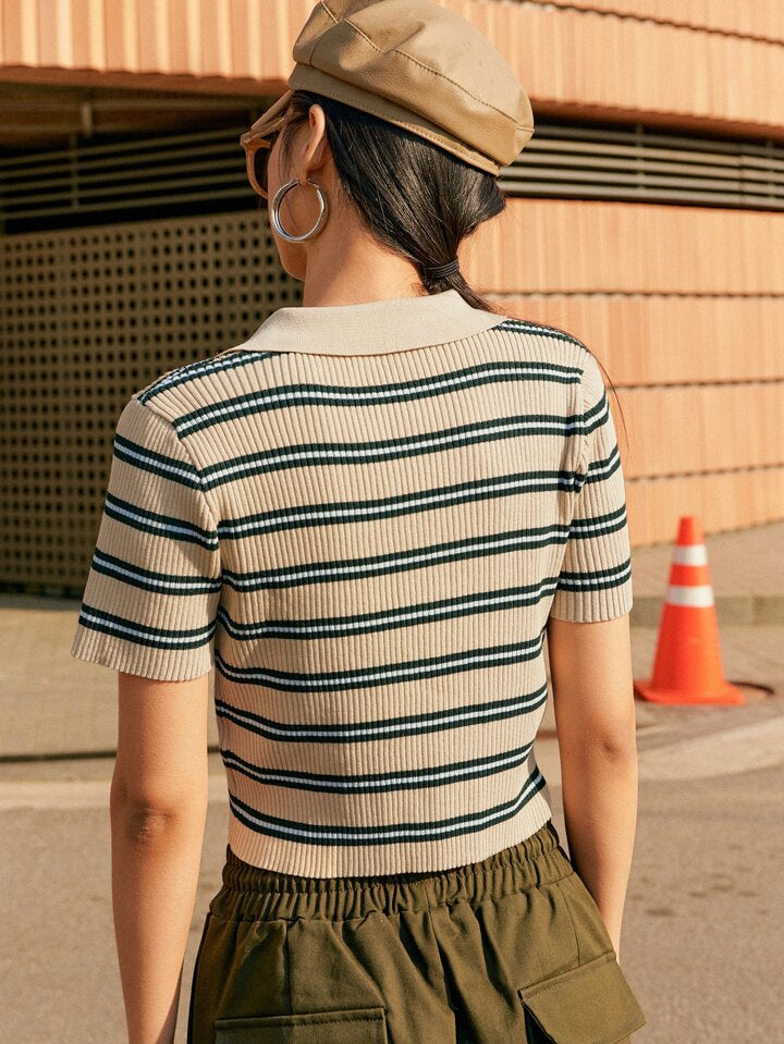 Women Striped Crop Knit T-Shirt