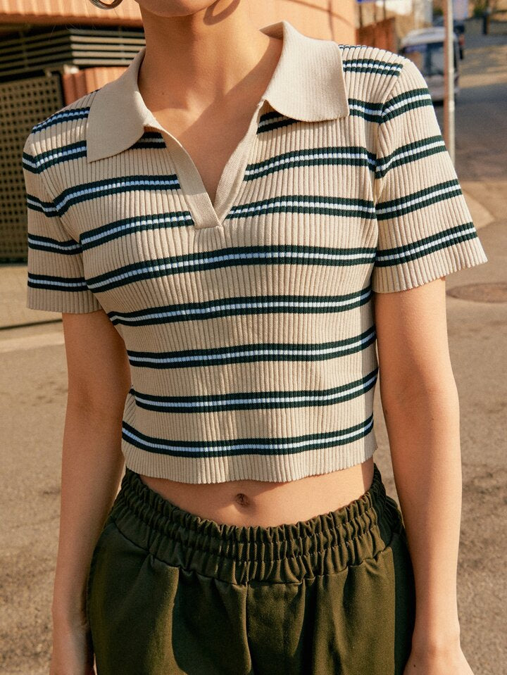 Women Striped Crop Knit T-Shirt