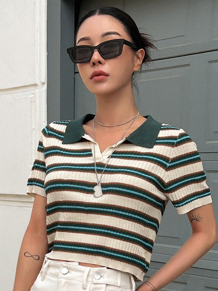 Women Block Striped Pattern Crop Knit T Shirt