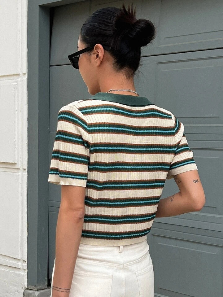 Women Block Striped Pattern Crop Knit T Shirt