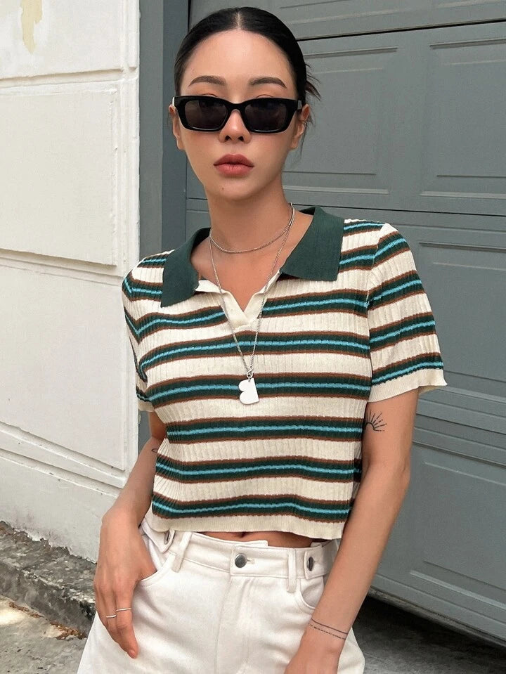 Women Block Striped Pattern Crop Knit T Shirt