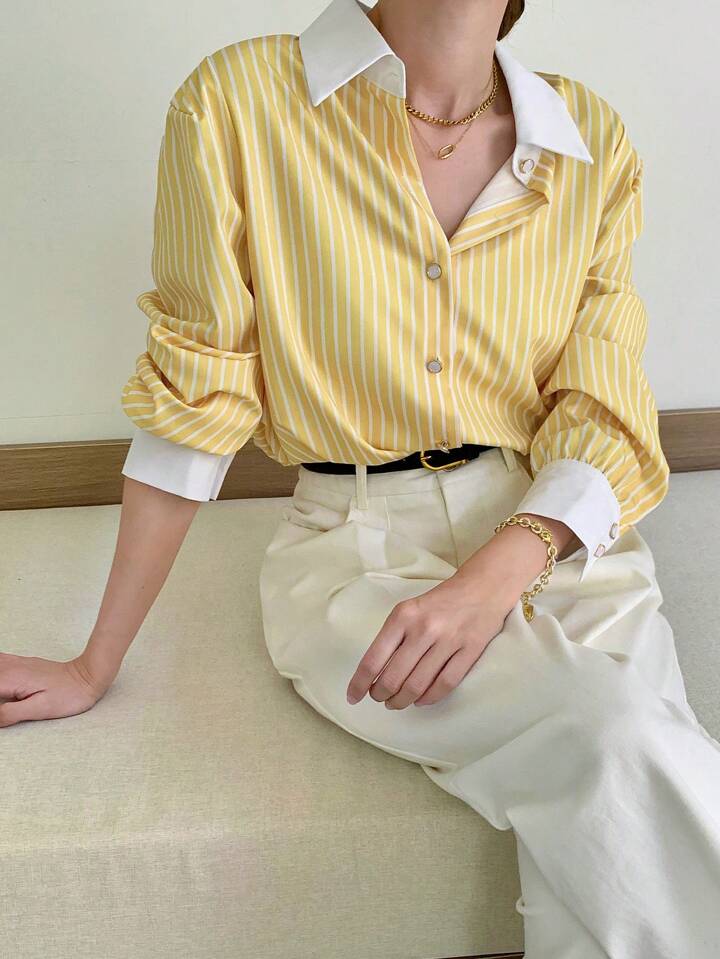 Women Casual Striped Button-Up Long Sleeve Shirt, For Everyday Wear