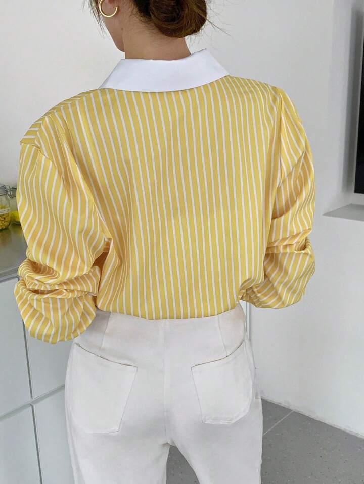 Women Casual Striped Button-Up Long Sleeve Shirt, For Everyday Wear