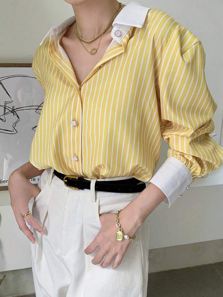 Women Casual Striped Button-Up Long Sleeve Shirt, For Everyday Wear