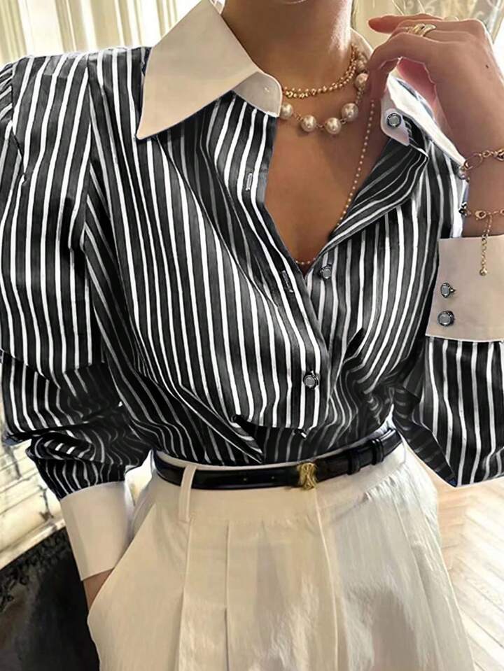 Women Casual Striped Button-Up Long Sleeve Shirt, For Everyday Wear