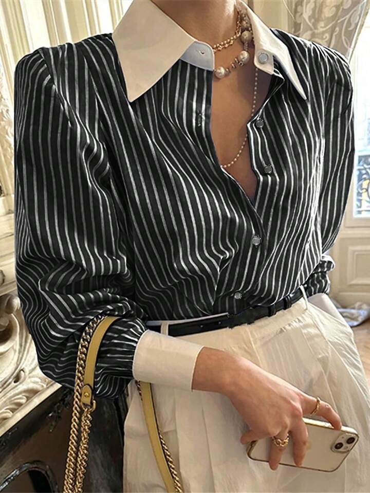 Women Casual Striped Button-Up Long Sleeve Shirt, For Everyday Wear