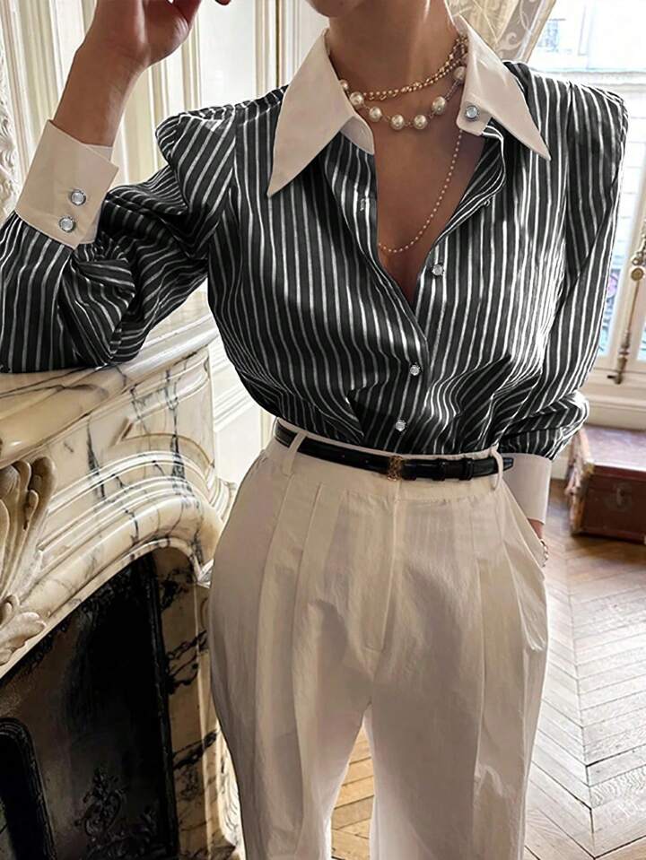 Women Casual Striped Button-Up Long Sleeve Shirt, For Everyday Wear