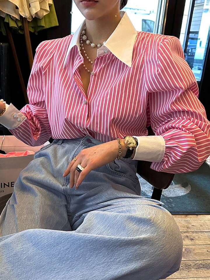 Women Casual Striped Button-Up Long Sleeve Shirt, For Everyday Wear