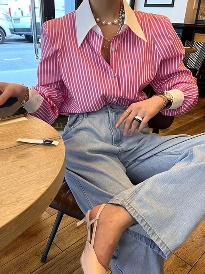 Women Casual Striped Button-Up Long Sleeve Shirt, For Everyday Wear