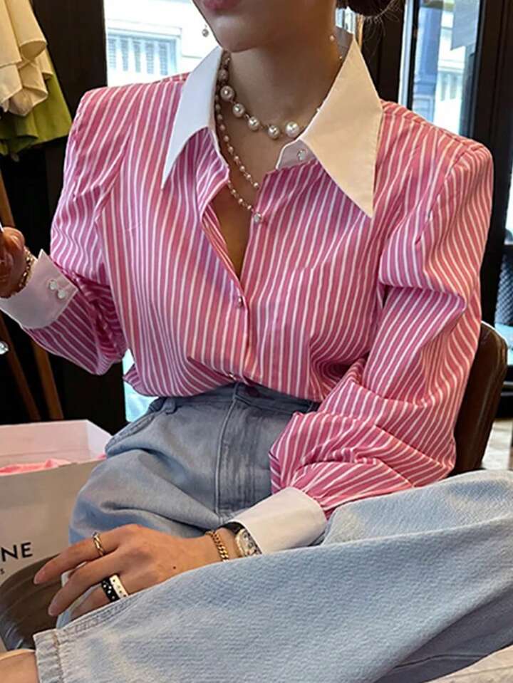 Women Casual Striped Button-Up Long Sleeve Shirt, For Everyday Wear