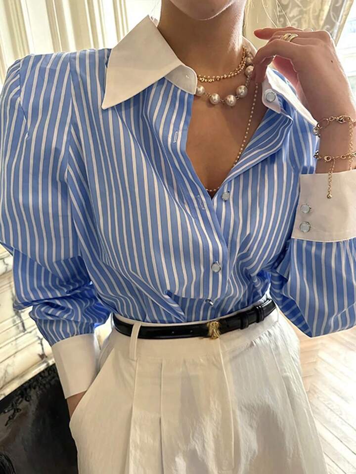 Women Casual Striped Button-Up Long Sleeve Shirt, For Everyday Wear