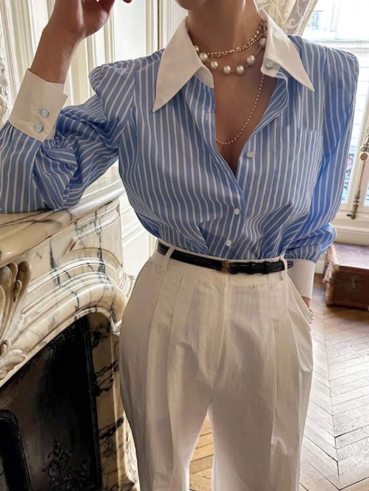 Women Casual Striped Button-Up Long Sleeve Shirt, For Everyday Wear