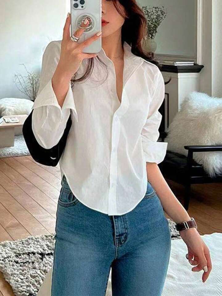 Women's Plain Button Front Long Sleeve Casual Shirt