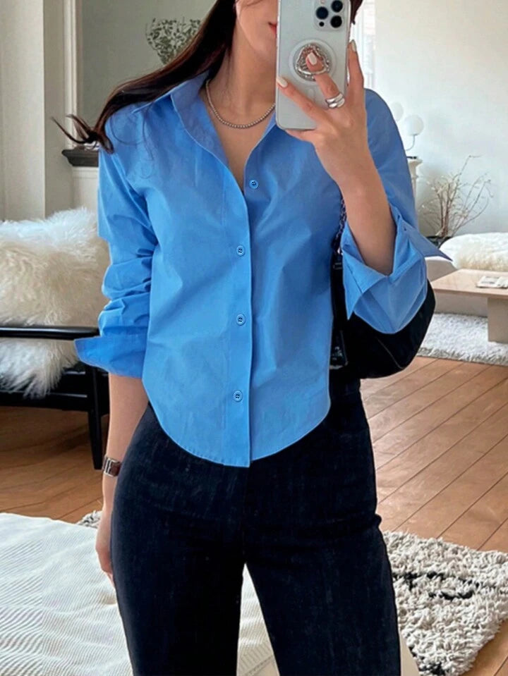 Women's Plain Button Front Long Sleeve Casual Shirt