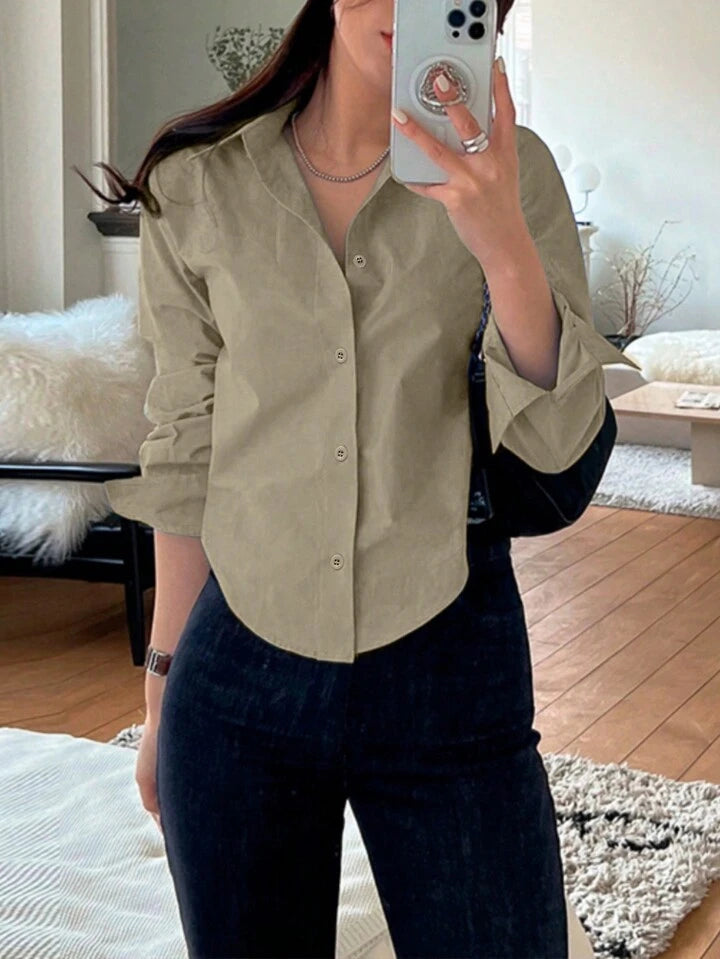 Women's Plain Button Front Long Sleeve Casual Shirt