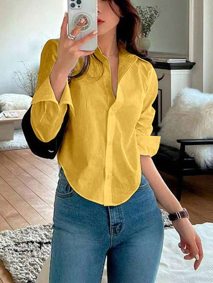 Women's Plain Button Front Long Sleeve Casual Shirt