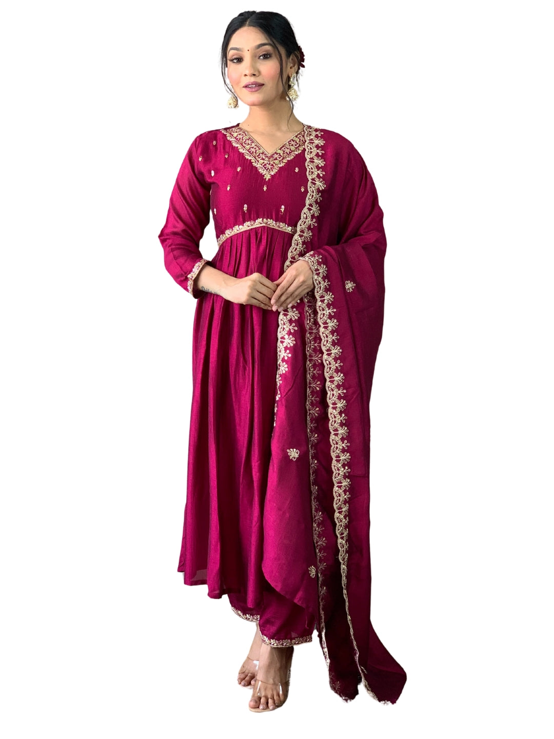 Women Embroidered Straight Kurta with Palazzos & Dupatta