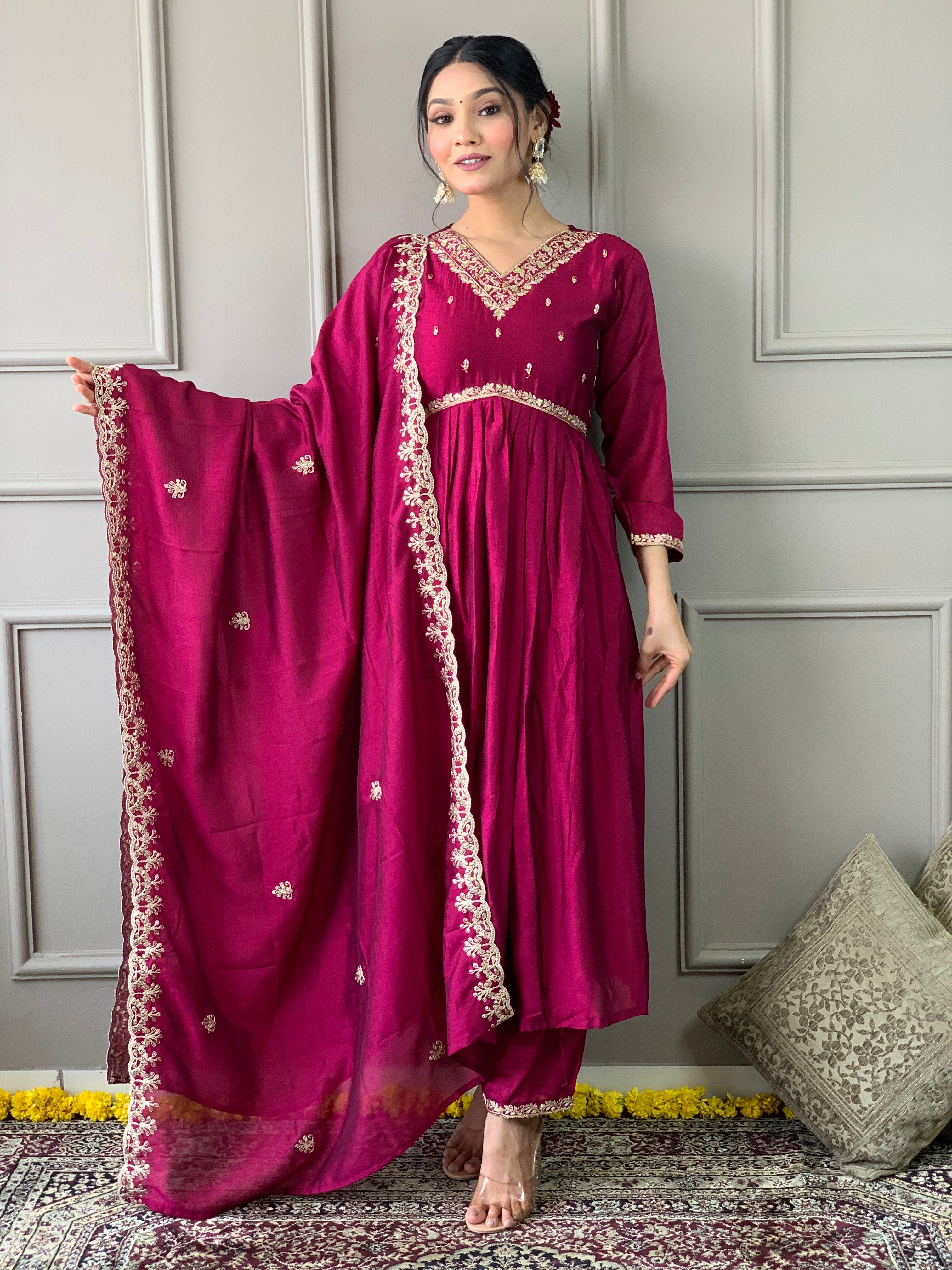 Women Embroidered Straight Kurta with Palazzos & Dupatta