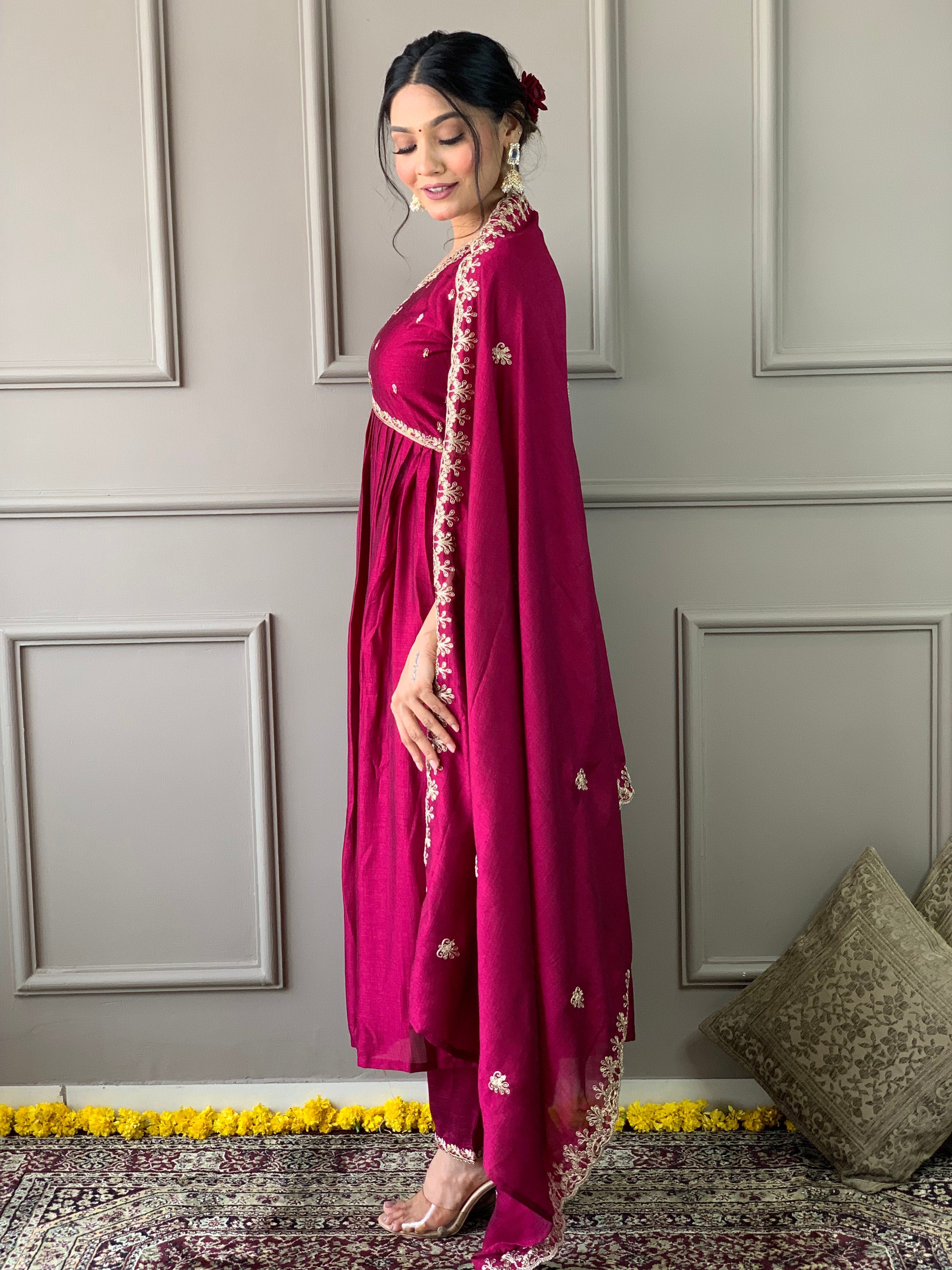 Women Embroidered Straight Kurta with Palazzos & Dupatta