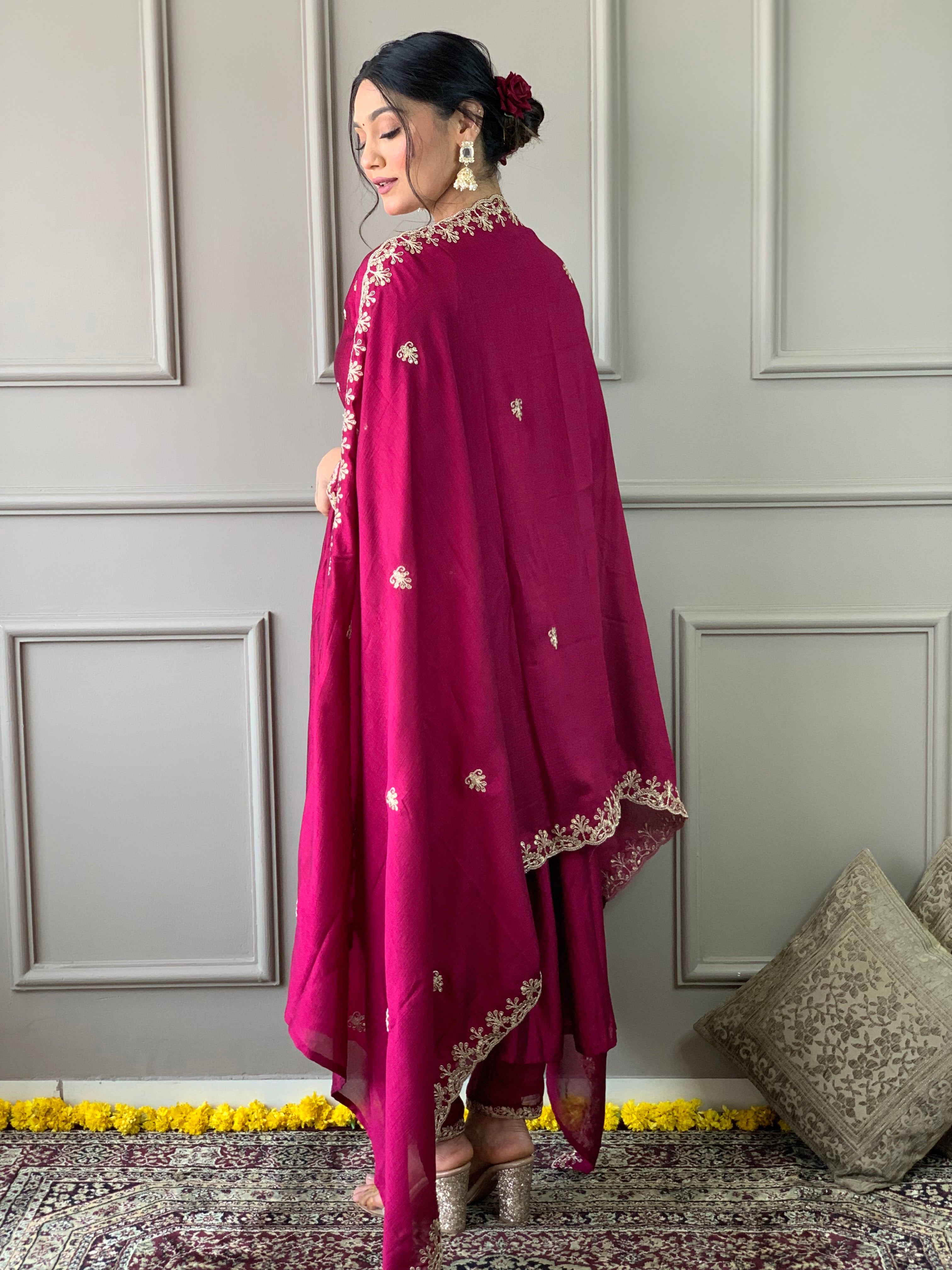 Women Embroidered Straight Kurta with Palazzos & Dupatta